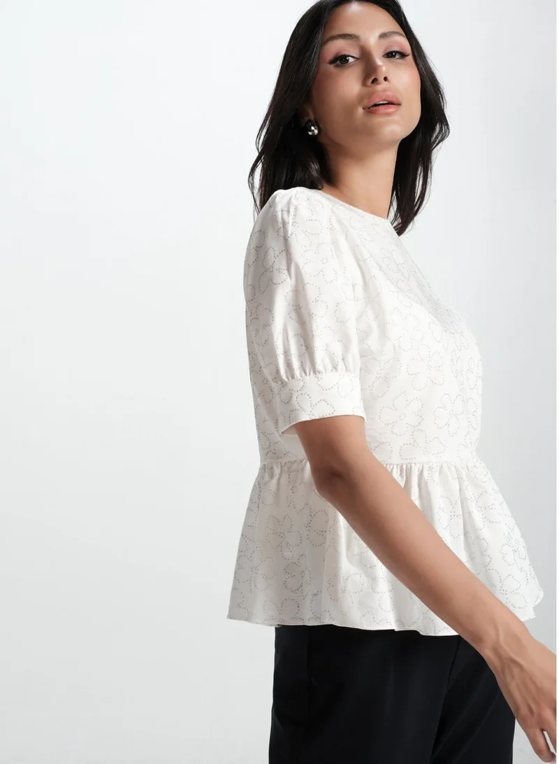 Zigzag White Cotton Formal Peplum Top